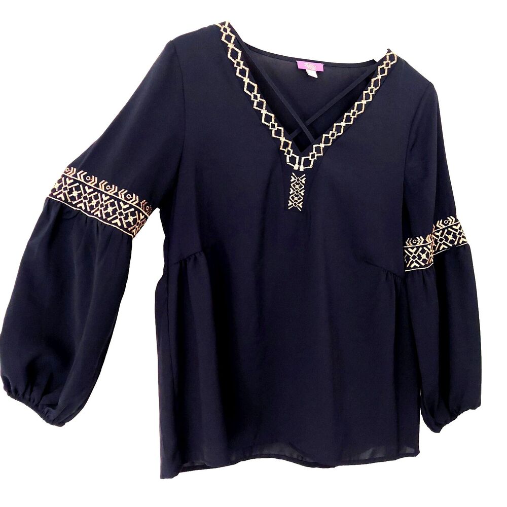 Truly Poppy Long Sleeve Blouse Medium Blue w Gold Embroidery Boho Peasant